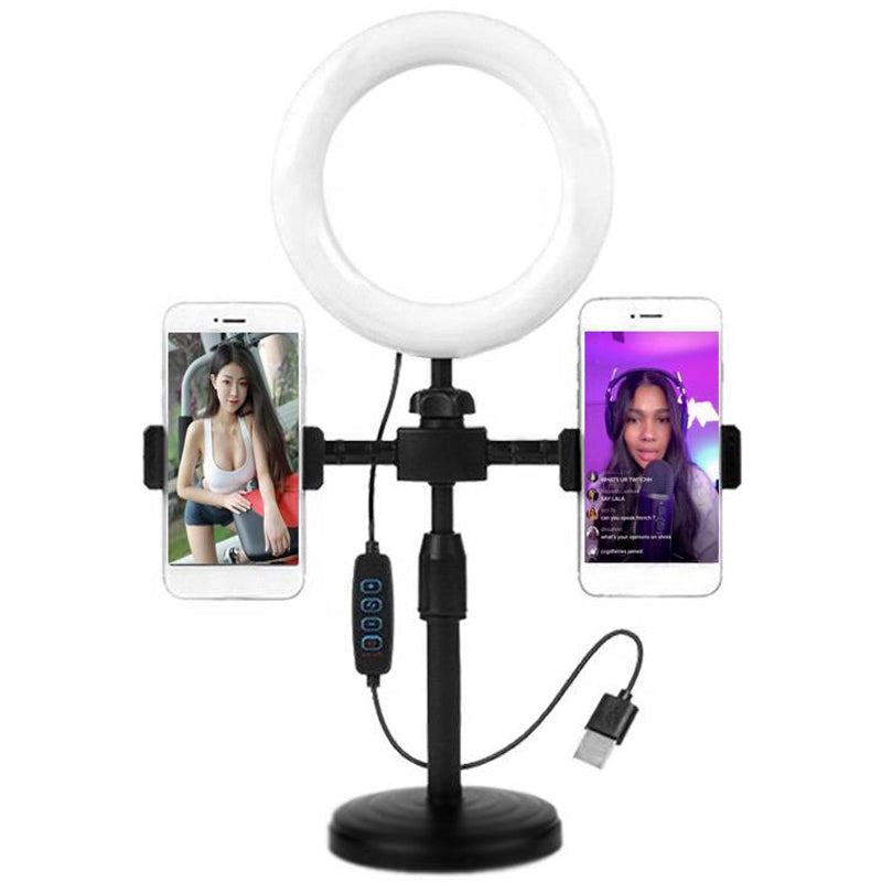 Desktop LED Ring Light with Dual Phone Holders – Live Stream & Creator Setup