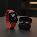 MK-G500 smartwatch with red strap and TWS earbuds bundle on dark premium background