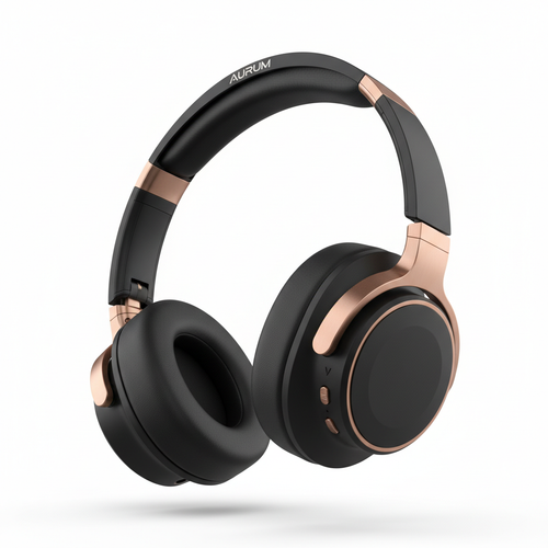Ultrapod Pro premium wireless over-ear headphones in matte black with rose gold accents on white background